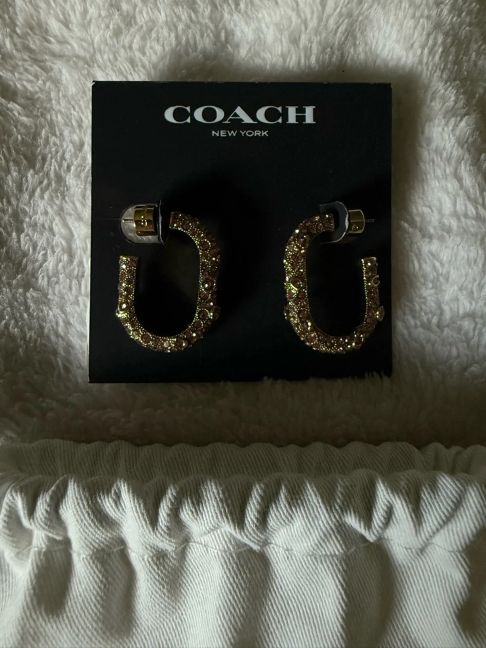 Coach Pink Crystal C-Hoop Earrings with Gold Accents - Picture 3 of 5